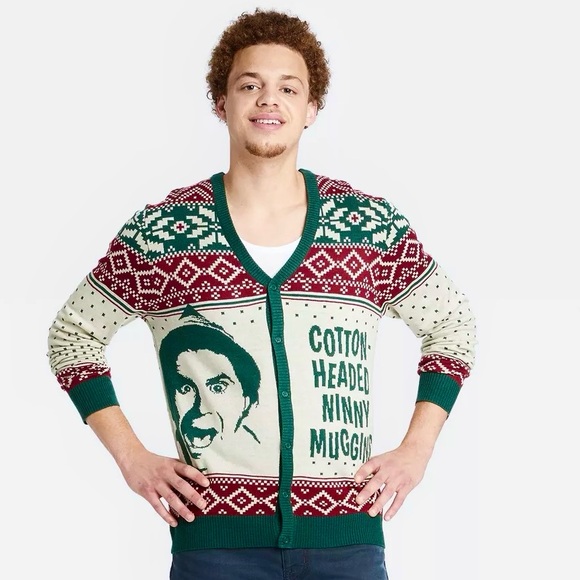 ELF MOVIE L M Unisex Cotton Headed Ninny Muggins Ugly Christmas Sweater Cardigan - Picture 11 of 13
